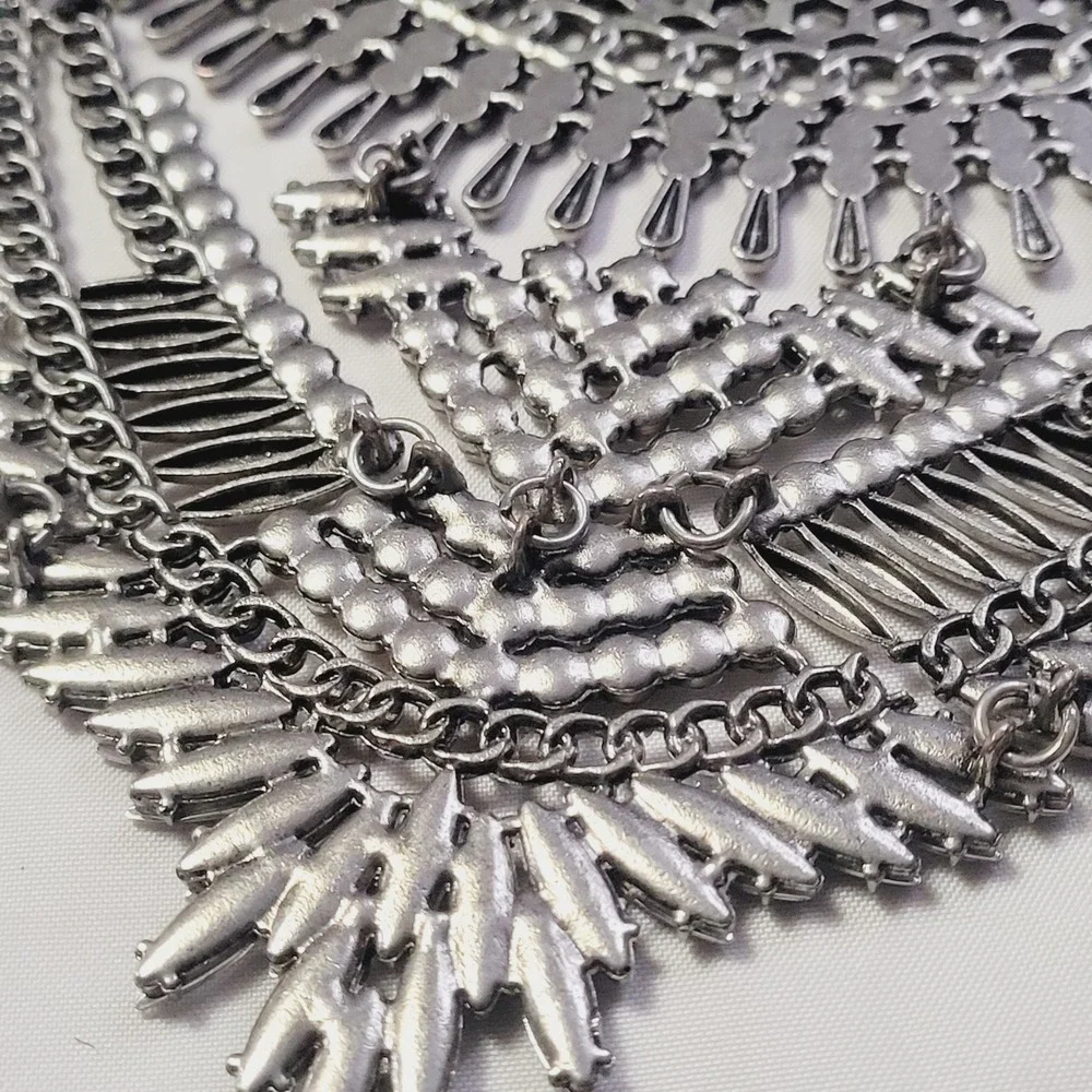 Women's Statement Bib Necklace OS Silver Rhinestone Tiered Boho Crystal U46